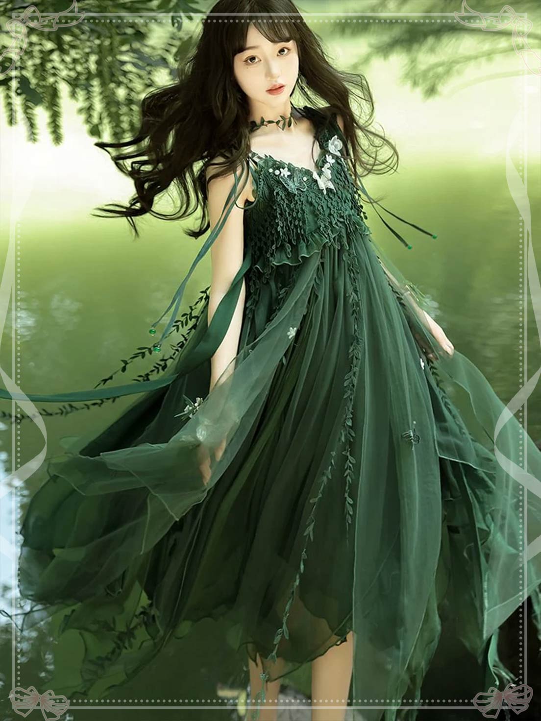 Mori Kei Fashion Lolita Dress Forest Fairy Dark Green Elegant Yarn Suspender Elf JSK