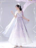 Mori Kei Fashion Prom Dress Dreamy Light Purple Lolita JSK Dress Lace Flowy Side Slit