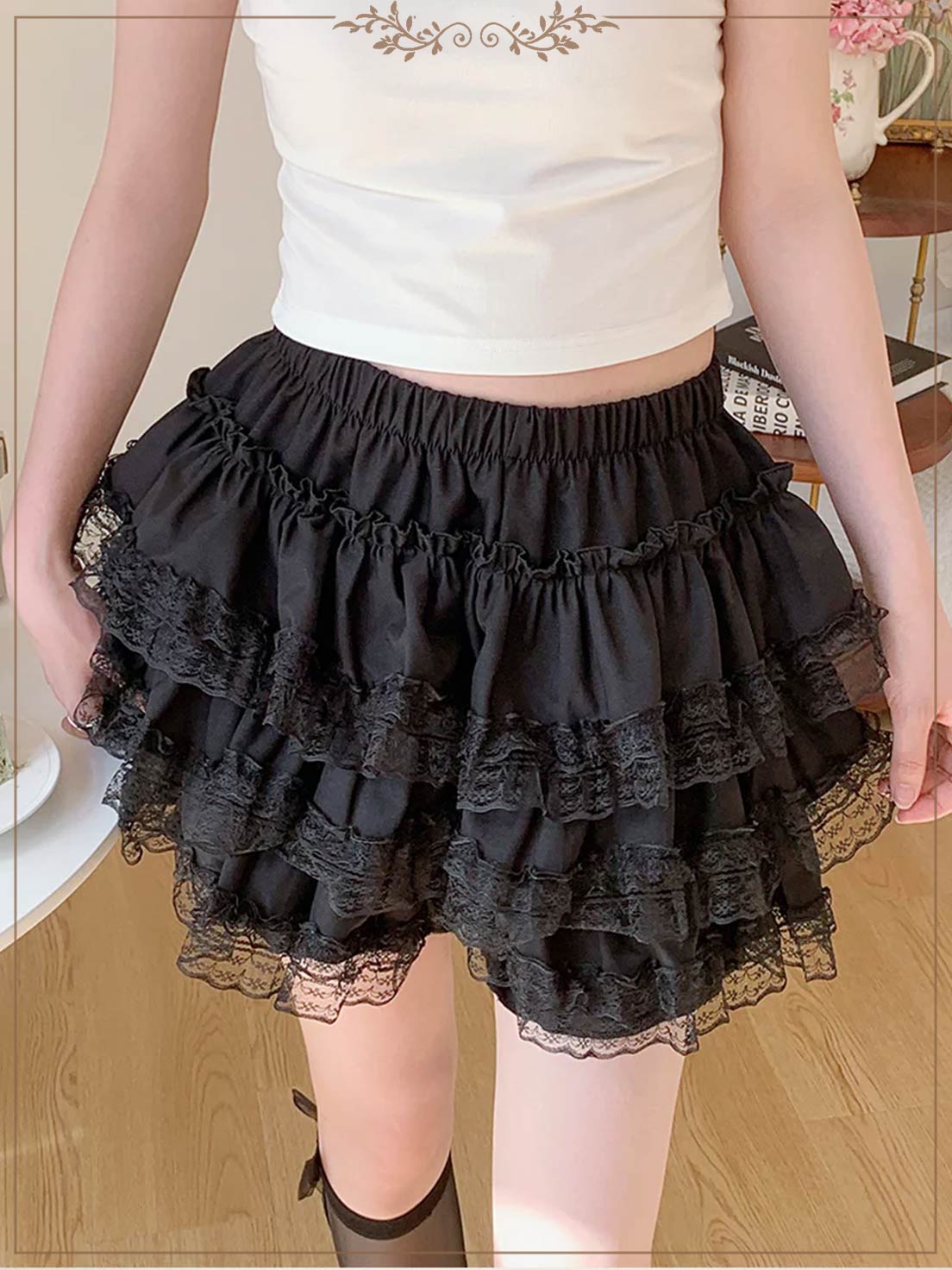 Petticoats Black Lace Trim ALine Skirt High Waisted Fluffy Cake Layered Skirt with Builtin Shorts