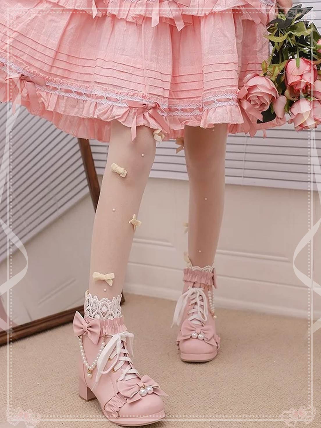 Lolita Shoes Sweet Bow Pink Bow Lace Short Boots with Thick Heels Lolita Martin Boots