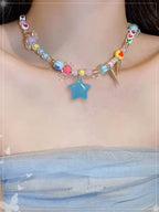 Pink Love Double Necklace Sweet Cool Sweater Chain Beaded Dog Cube Sugar