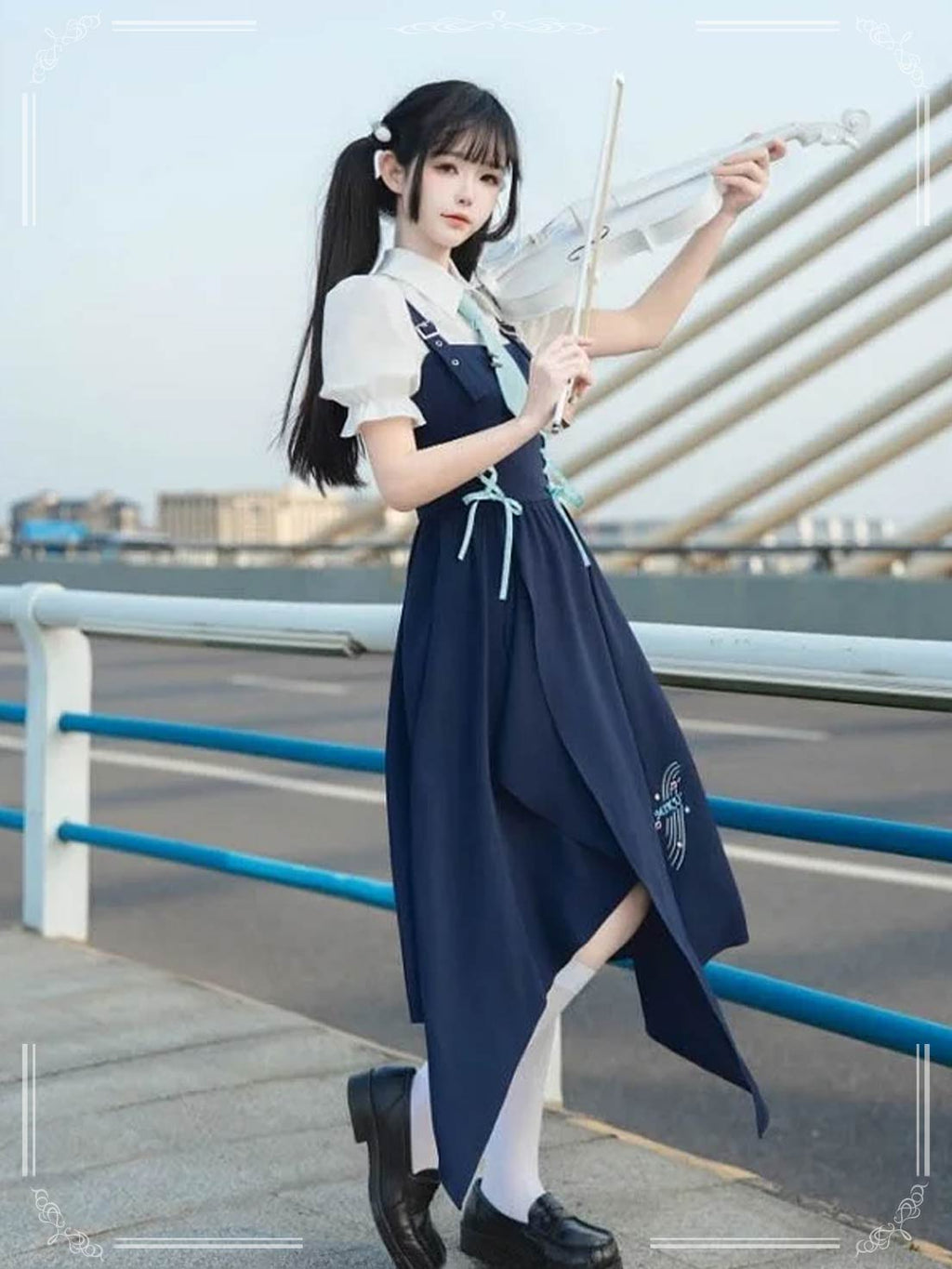 School Style Navy Blue Pinafore Dress Set Asymmetrical Summer Light Lolita
