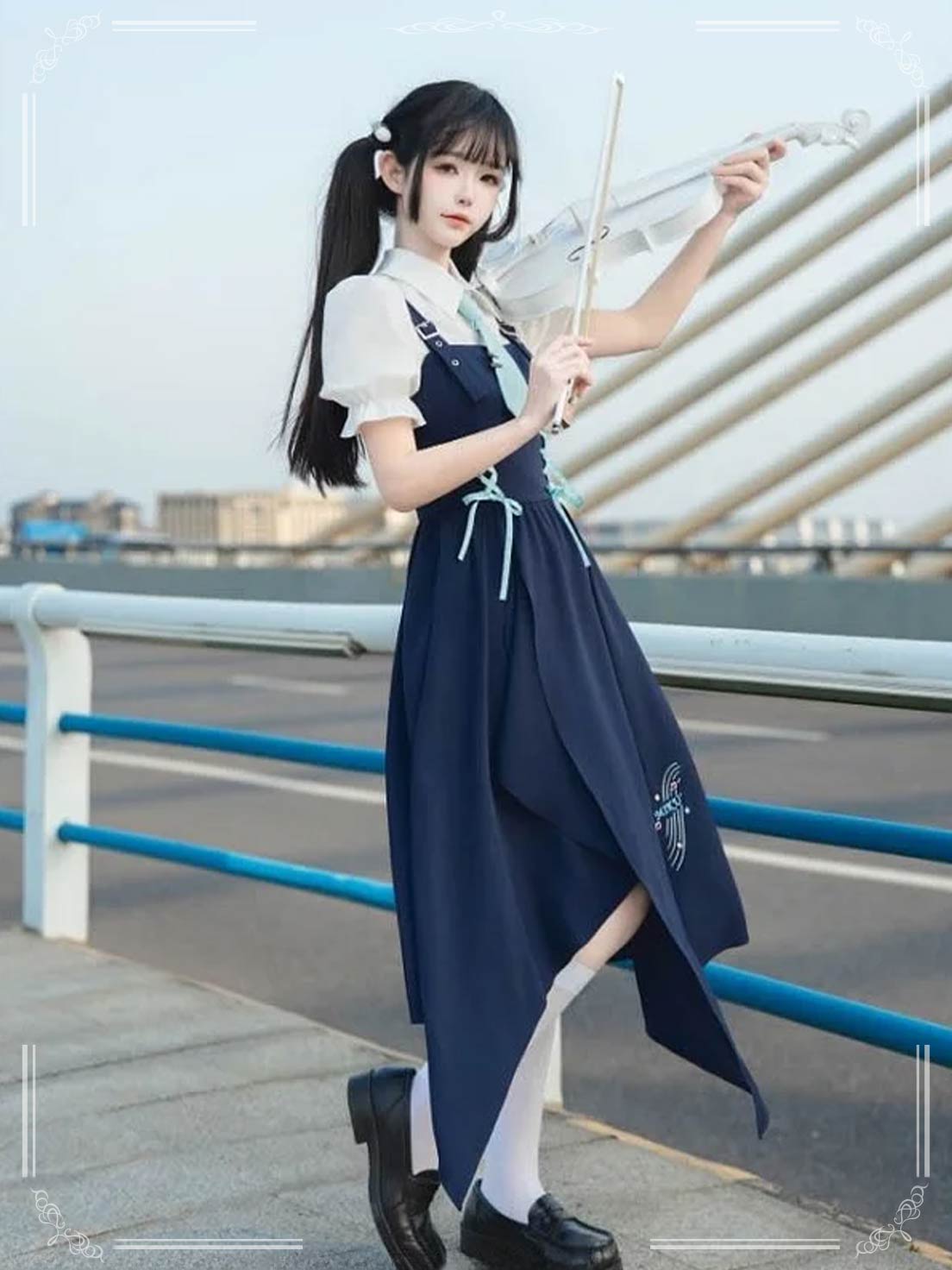 School Style Navy Blue Pinafore Dress Set Asymmetrical Summer Light Lolita