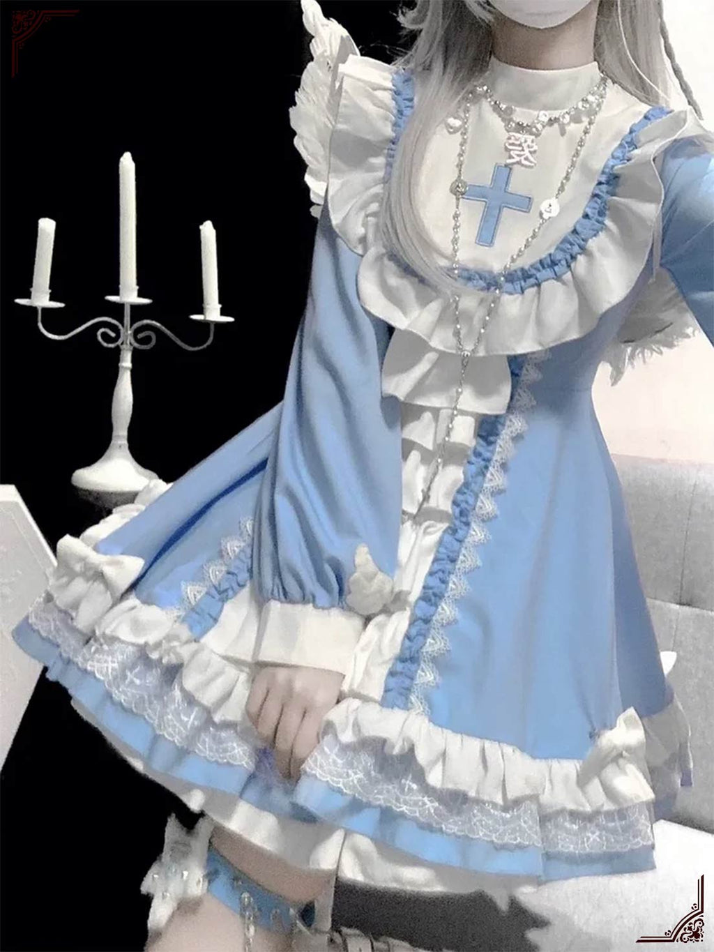 Gothic Lolita OP Dress Baby Blue and White Mini Dress Maid Outfit