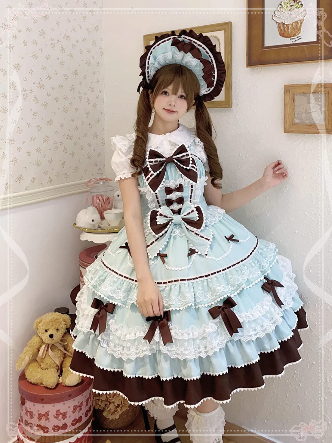 Sweet Hime Lolita Tea Party Fashion Cake Dress Mint Chocolate Bow Layer Lace Trimmed Lolita Dress 