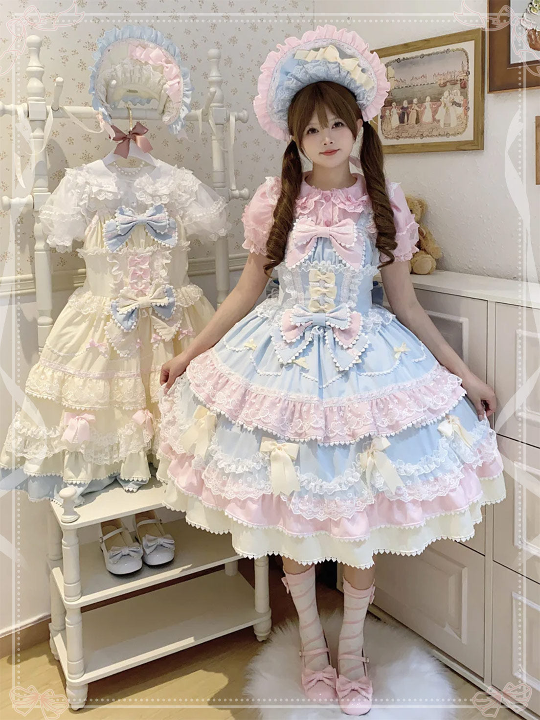 Sweet Hime Lolita Tea Party Fashion Cake Dress Pink Blue Bow Layer Lace Trimmed Lolita Dress 