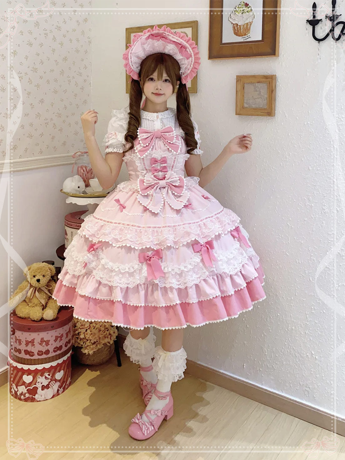 Sweet Hime Lolita Tea Party Fashion Cake Dress Pink Bow Layer Lace Trimmed Lolita Dress 