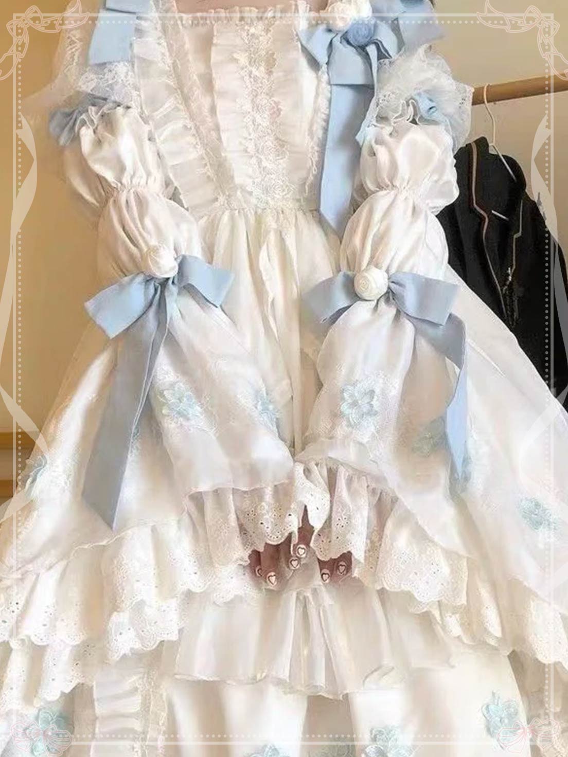 Sweet Lolita Blue and White Bow Long Sleeves Cute Princess Dress