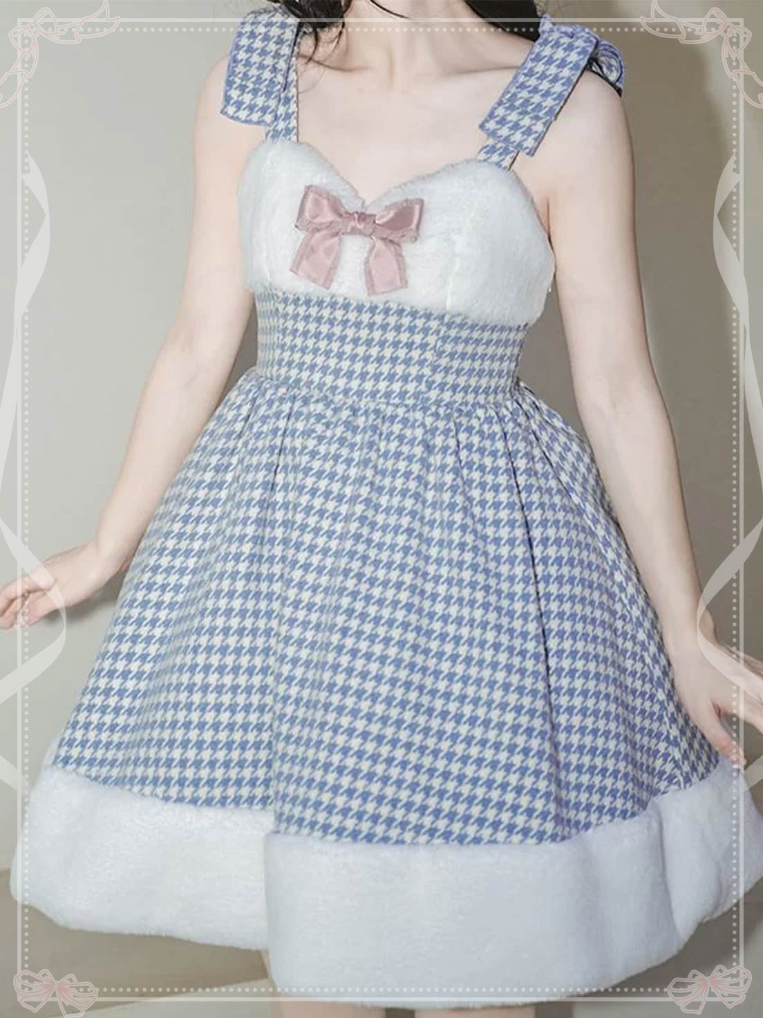 Sweet Lolita Blue Houndstooth Woolen Plush Dress Autumn JSK