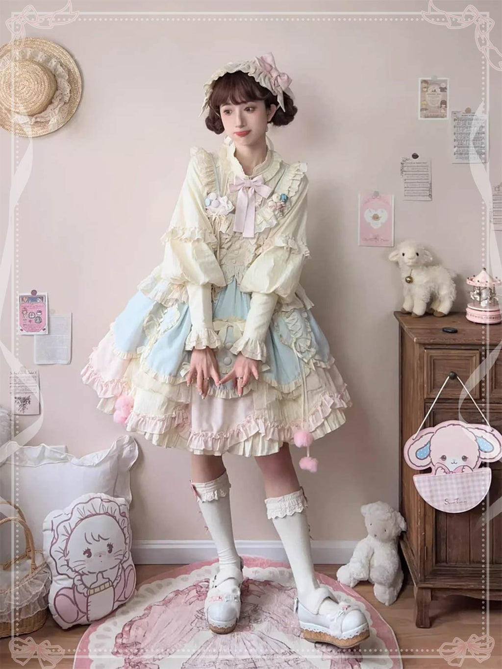 Sweet Lolita Blue Pink Sleeveless Layer Ruffle Bow Lace Cute OPDress Short Version