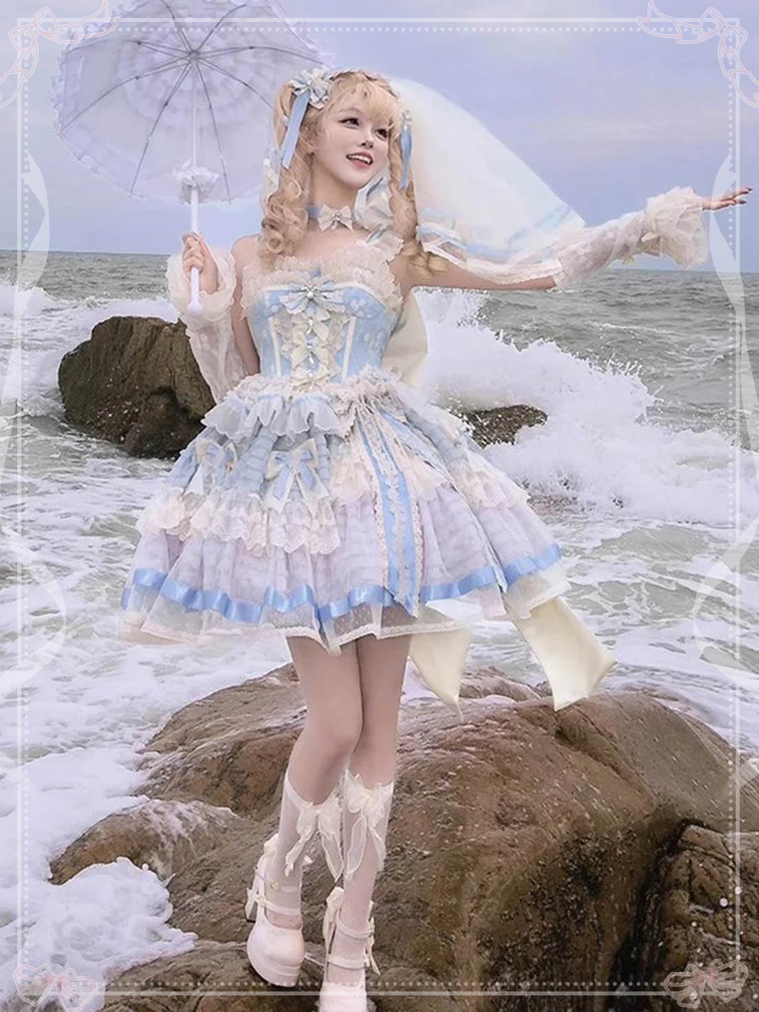 Sweet Lolita Blue Sleeveless Ruffle Embroider Bow Lace Corset Princess Dress