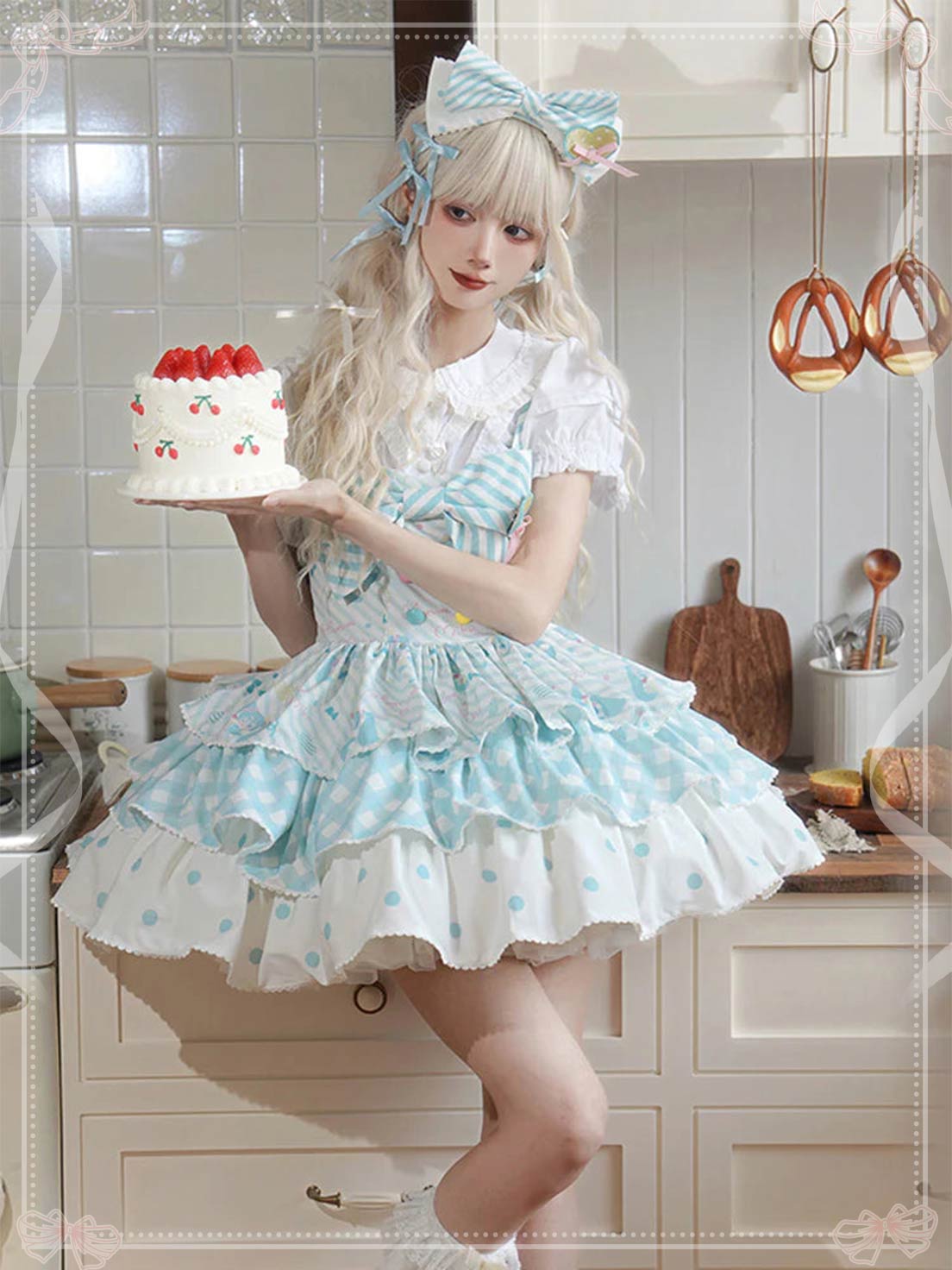 Sweet Lolita Blue Sleeveless Three Layer Printed Bow Cute JSK Dress