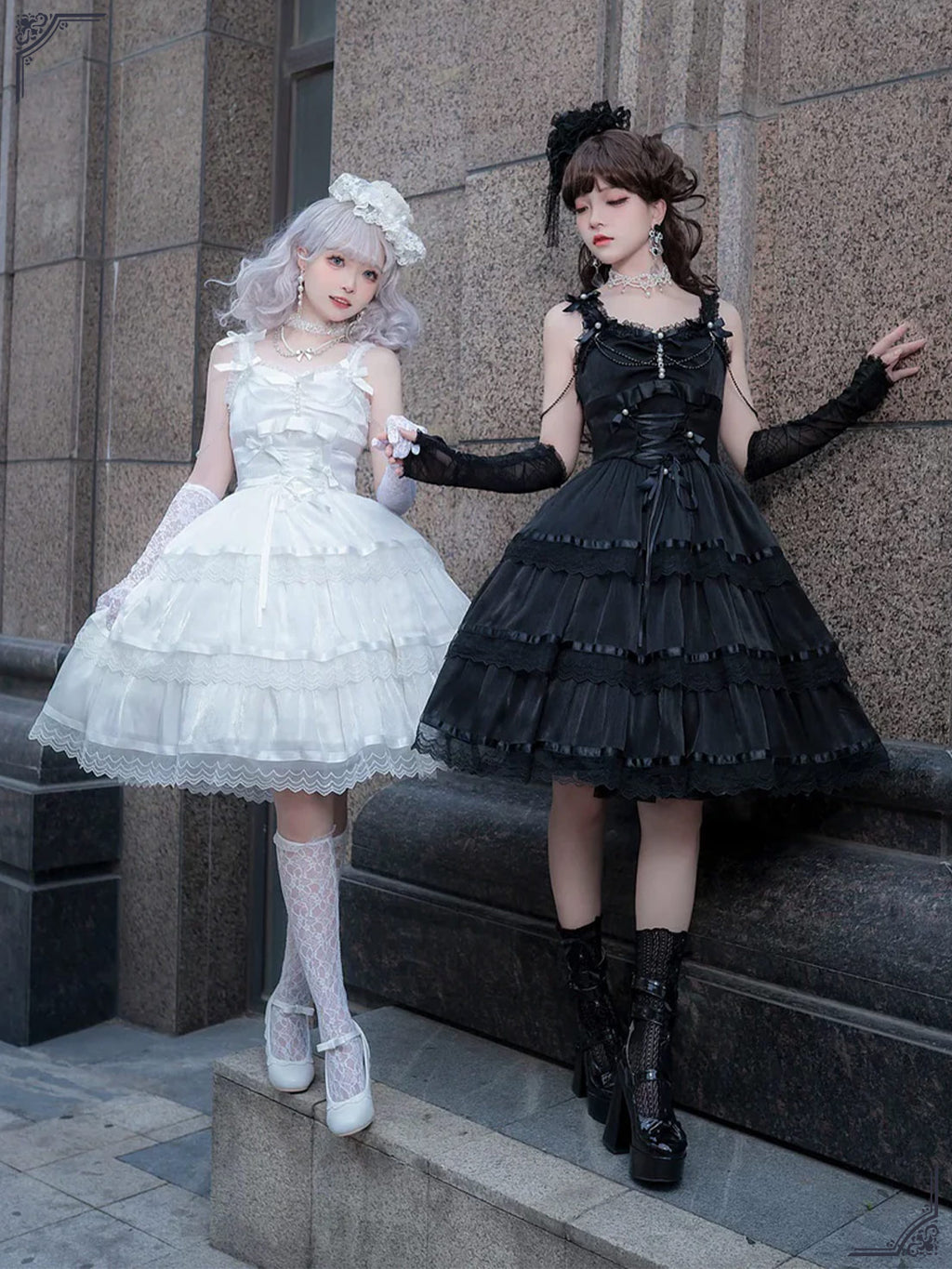 Sweet Lolita Chiffon Lace White Black Dress Bridal Goth JSK Elegant Dresses