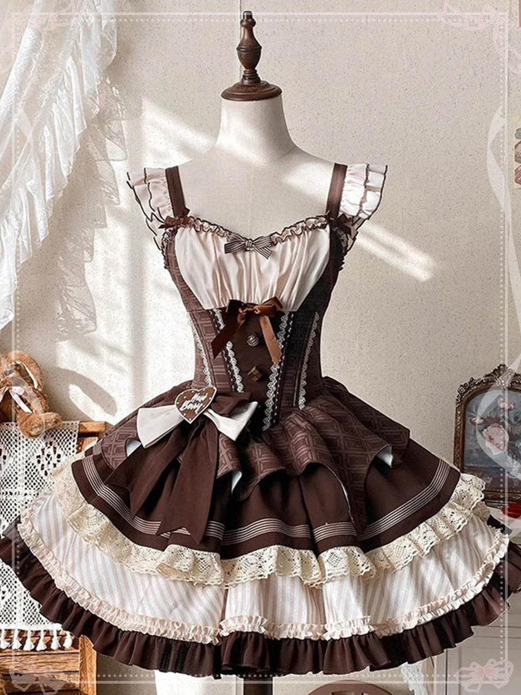 Sweet Lolita Chocolate Cake Cream Dress with Corset Brown Waist Skinny Bow