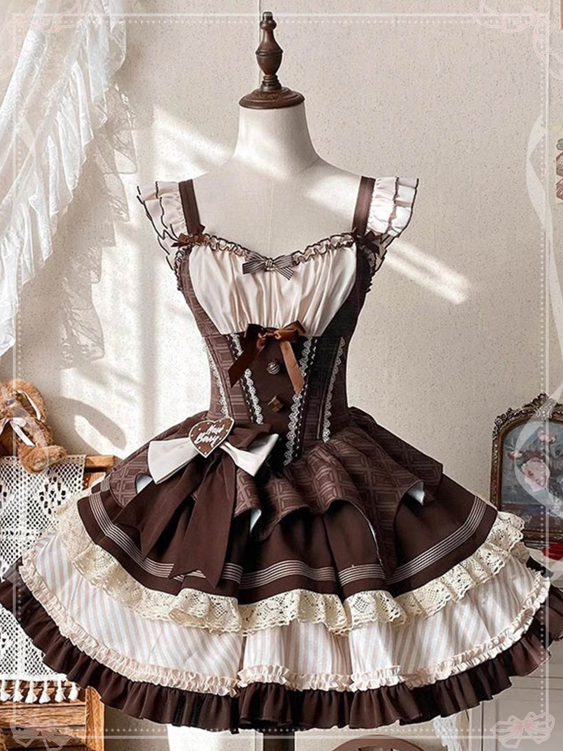 Sweet Lolita Chocolate Cake Cream Dress with Corset Brown Waist Skinny Bow