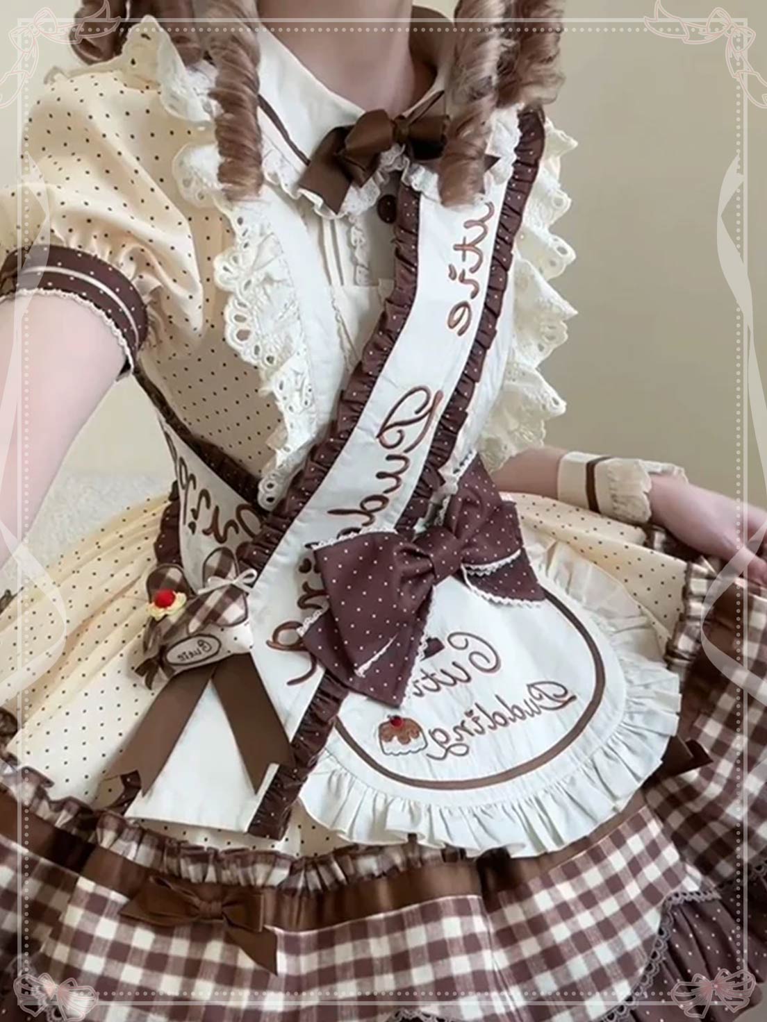 Sweet Lolita Chocolate Cream Cake Dress Strawberry Print Bear Brown Ballet Fluffy