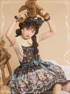 Sweet Lolita Chocolate Dress Brown Blue with Bear Motifs Cream Cake Lolita Jumper Skirt