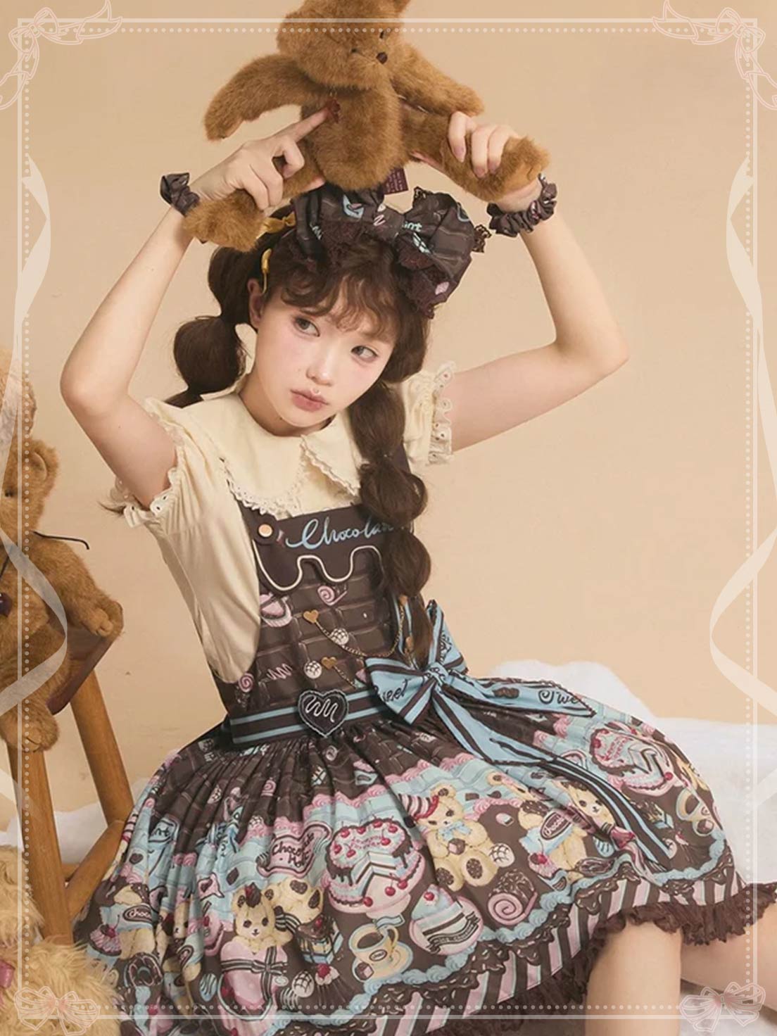 Sweet Lolita Chocolate Dress Brown Blue with Bear Motifs Cream Cake Lolita Jumper Skirt