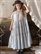 Sweet Lolita Dress Blue Lace Layer Puff Sleeve Plaid Summer Short Sleeve Round Neck