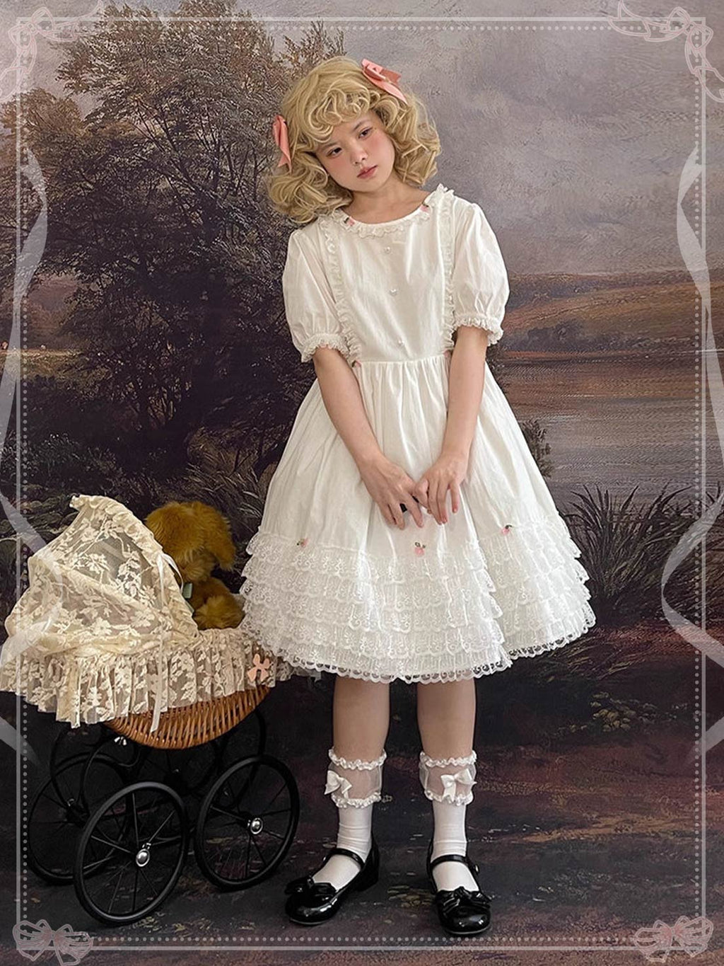 Sweet Lolita Dress White Lace Tie Waist Puff Sleeve Short Skirt Elegant Daily Wear