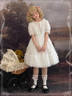 Sweet Lolita Dress White Lace Tie Waist Puff Sleeve Short Skirt Elegant Daily Wear
