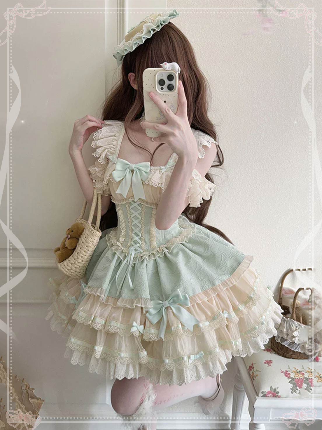 Sweet Lolita Green Double-layer Ruffle Bow Lace Lace up Sweet Ballet Lolita JSK Dress