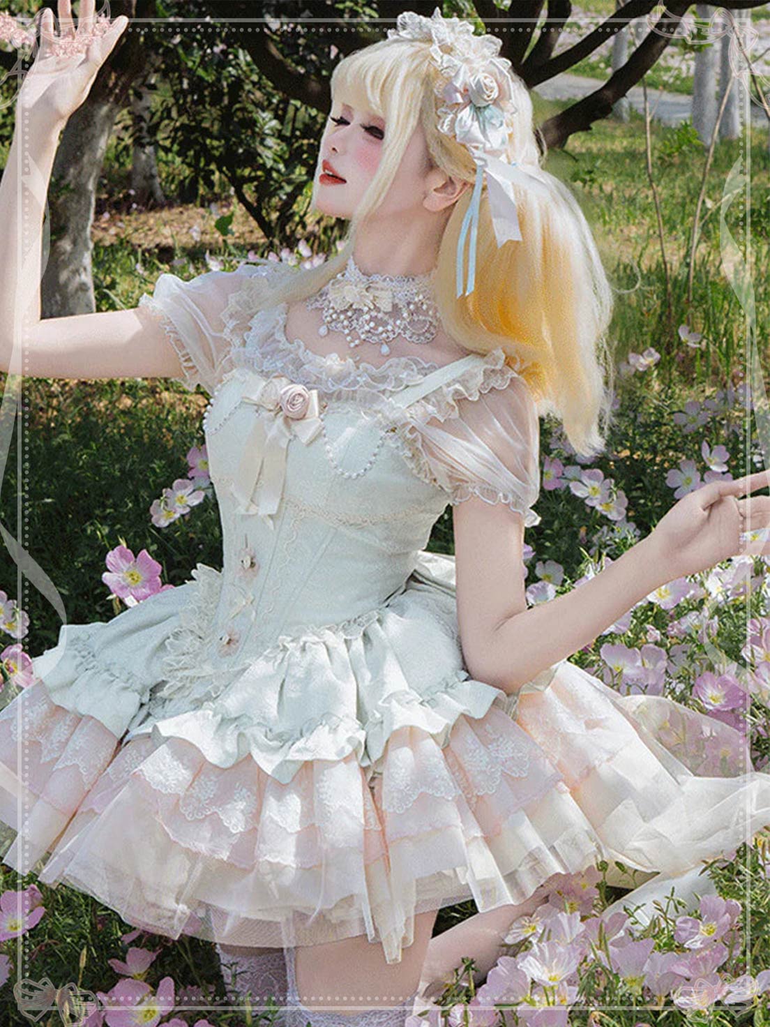 Sweet Lolita Green Sleeveless Princess Lolita Jsk Dress Multi Layer Ruffle Bowknot Lace