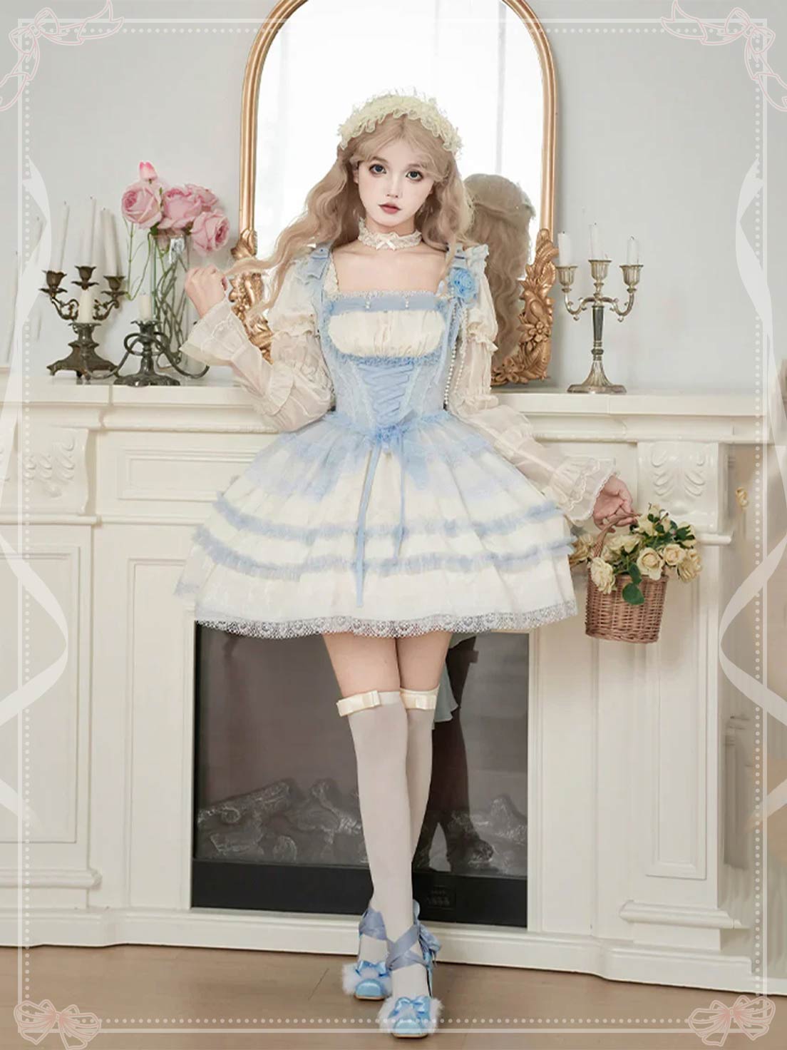 Sweet Lolita Ivory Square Neck Puff Sleeves Ruffle Corset Sweet Lolita Short Dress