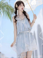 Sweet Lolita Light Blue Seashell Sundress with Lace Ruffle Summer Sea
