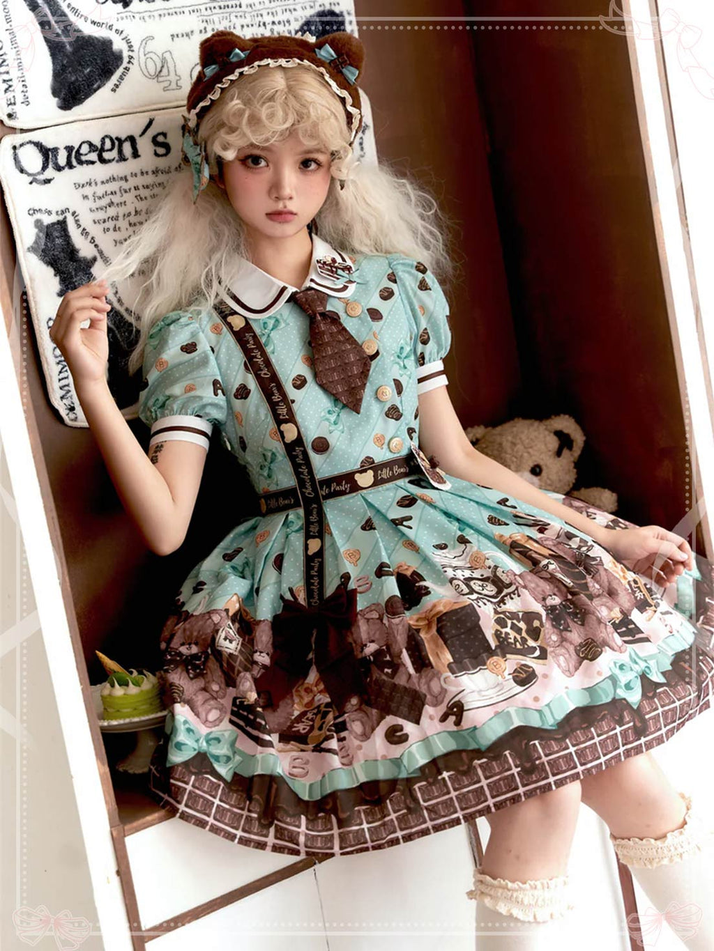 Sweet Lolita Mint Green Chocolate Dramatic Bear Themed Cake Dress Tea Party