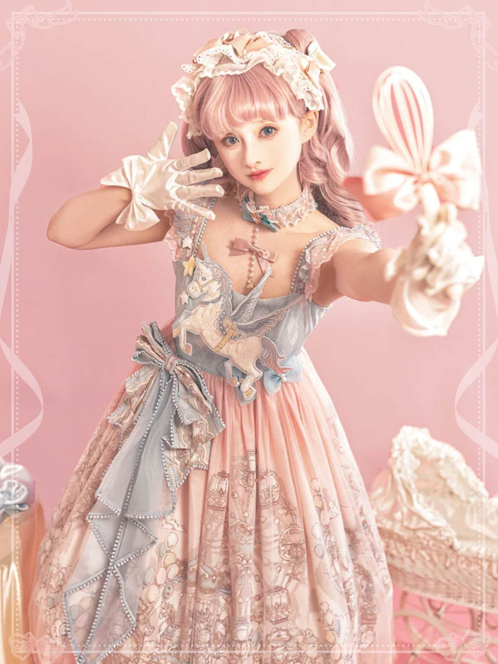 Sweet Lolita Pastel Pink Blue Dress with Unicorn Embroidery Ruffles Bow