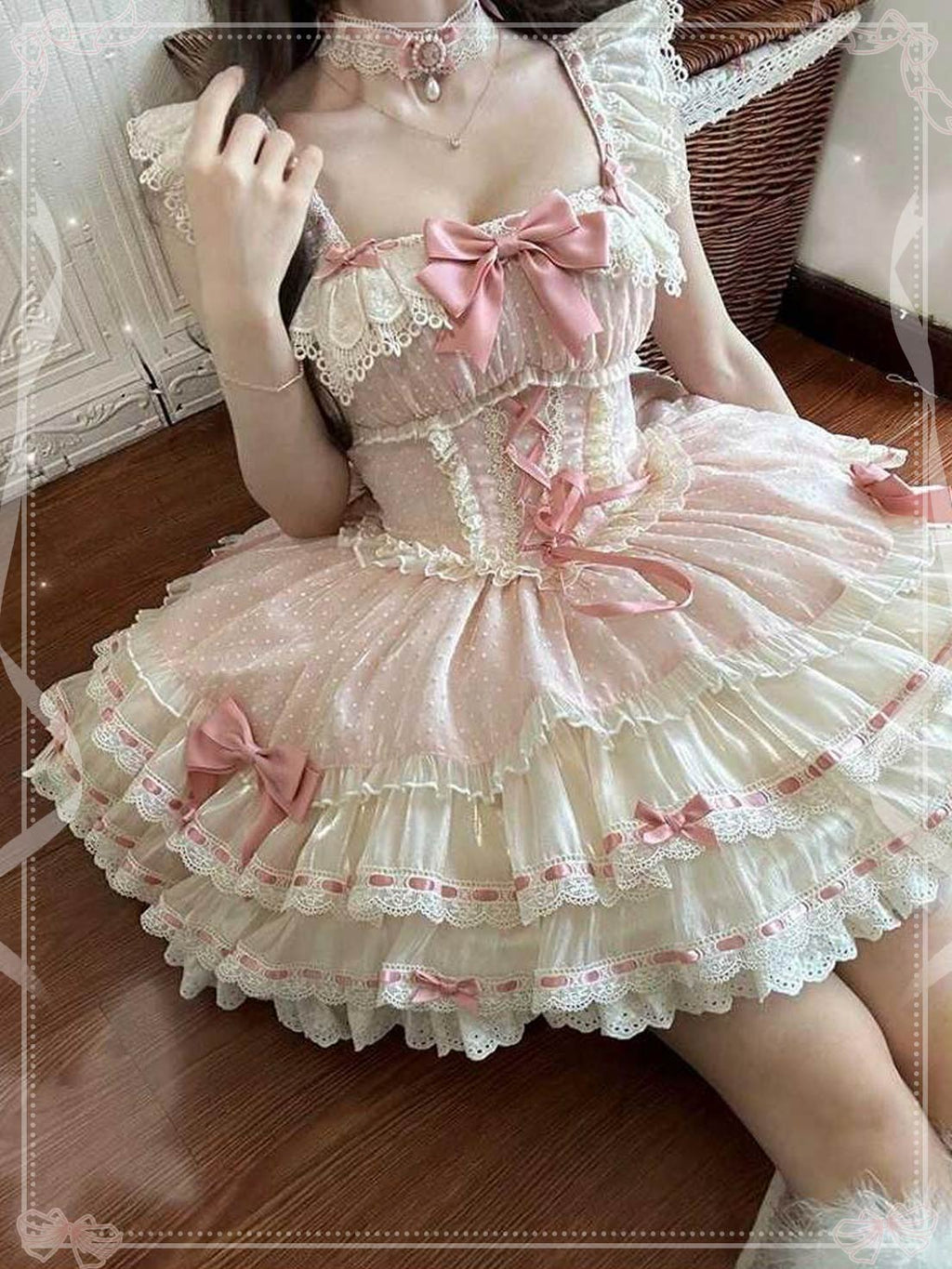 Sweet Lolita Pink Ballet Princess Cake Dress OP Ruffles Lace Sleeveless for Party