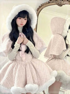 Sweet Lolita Pink Princess Dress Woolen Elegant in Winter Plush Cloak for Christmas