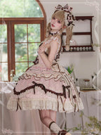 Sweet Lolita Pink Sleeveless JSK Dress Printed Ruffle Bowknot Lace-Up Princess Style