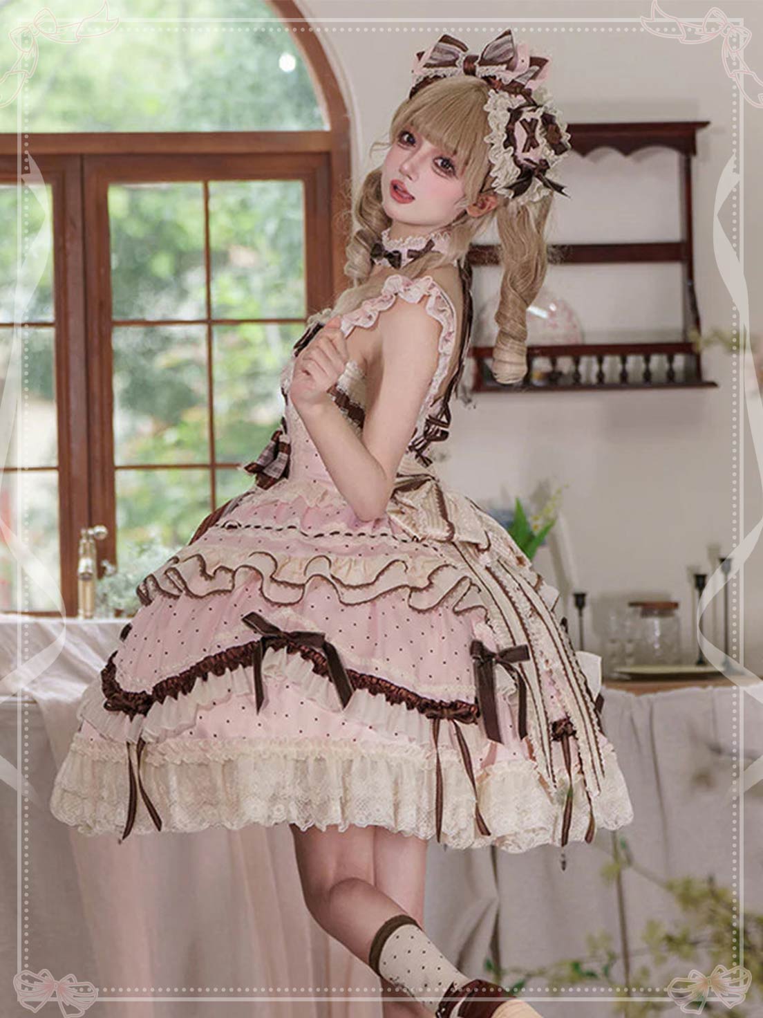 Sweet Lolita Pink Sleeveless JSK Dress Printed Ruffle Bowknot Lace-Up Princess Style