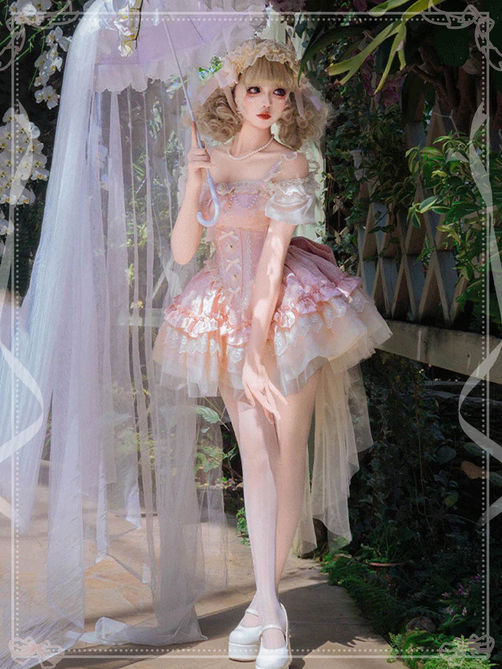 Sweet Lolita Pink Sleeveless Multi Layer Ruffle Bow Lace Tie Up Princess Dress