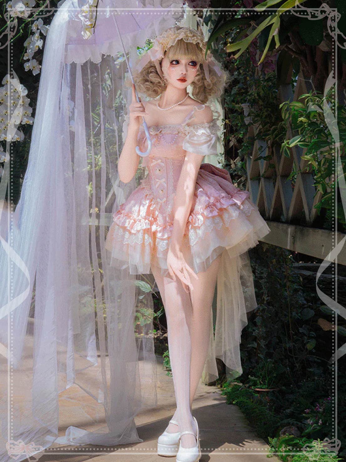 Sweet Lolita Pink Sleeveless Multi Layer Ruffle Bow Lace Tie Up Princess Dress