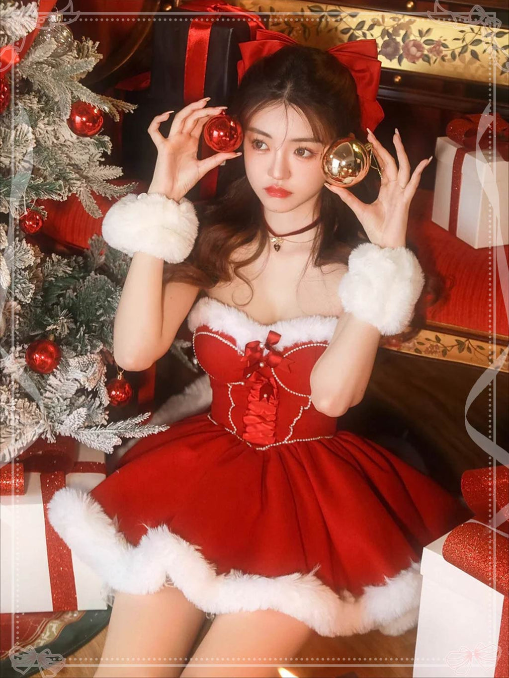 Red Velvet Strapless Christmas Mini Dress