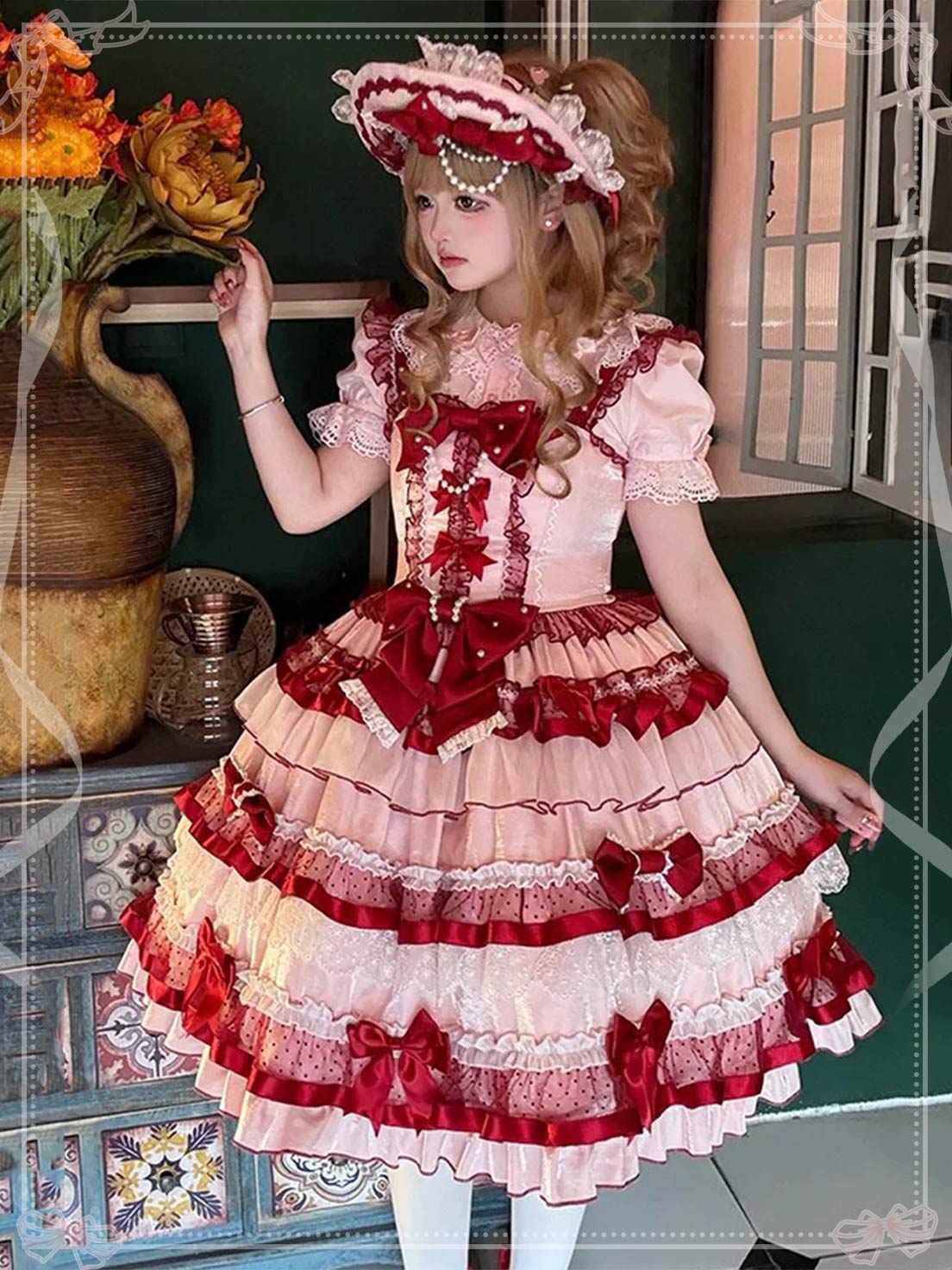 Sweet Lolita Red Ribbon Berries Sleeveless Multi-layer Ruffle Bow Lace Sweet Lolita JSK Dress