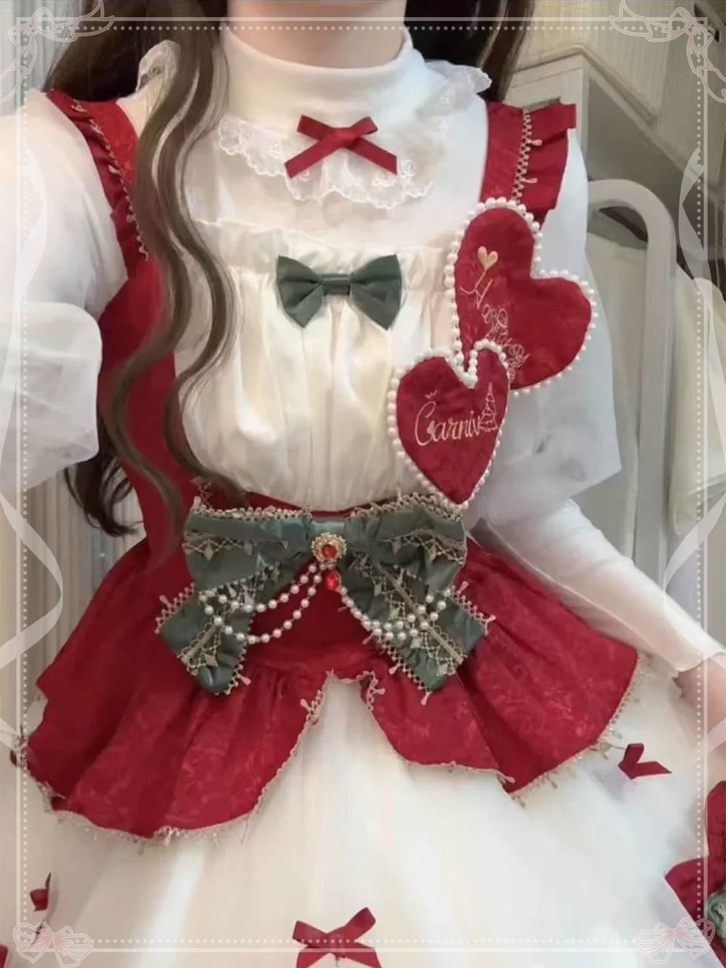 Sweet Lolita Set White Red Accent Outfit Top with Dress Christmas New Year Winter Style