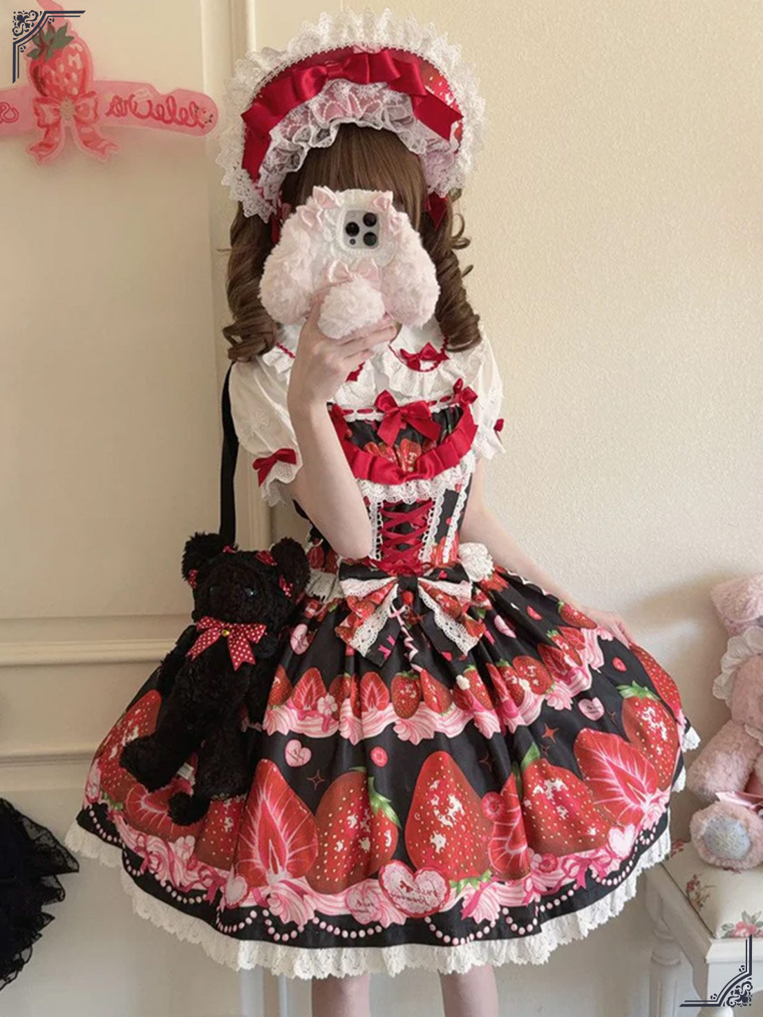 Sweet Lolita Strawberry Pattern Design Red Cute Suspender Princess Short Sleeve Daily Party