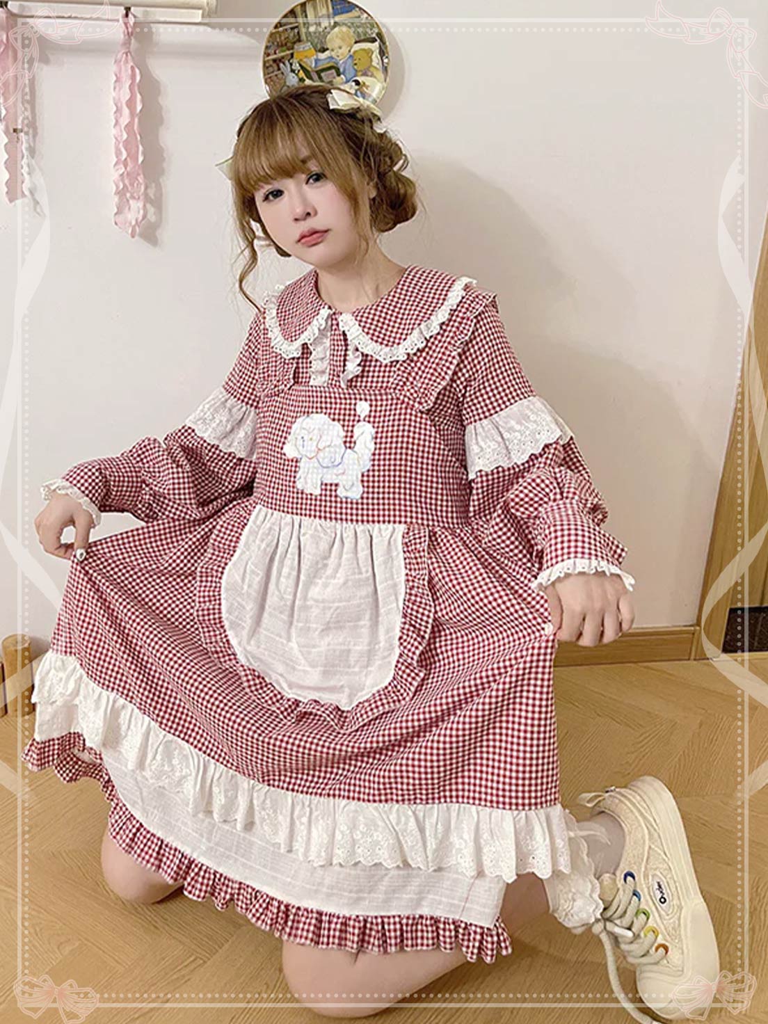 Sweet Lolita Suspender Dress Blue Pink Plaid Dog Print Sleeveless A-line Dress