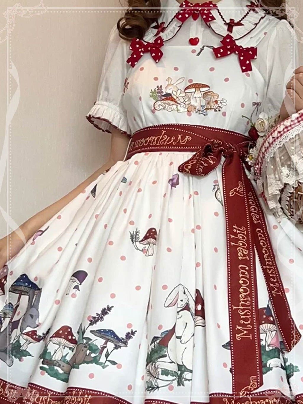 Sweet Lolita White Apricot Idyllic Mushroom Bunny Print Dress Jumper Skirt
