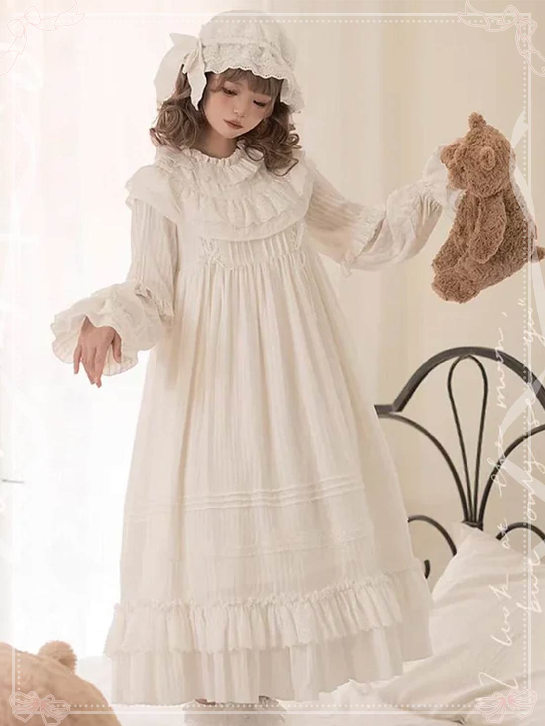 Lolita Fashion Nightdress - Soft Cotton Ivory Victorian Style Nightgown