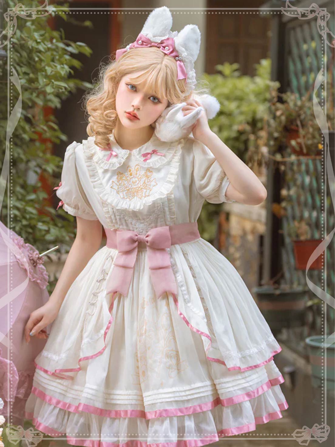 Sweet Lolita White Pink Short Sleeve Layer Ruffle Bow Elegant Dress