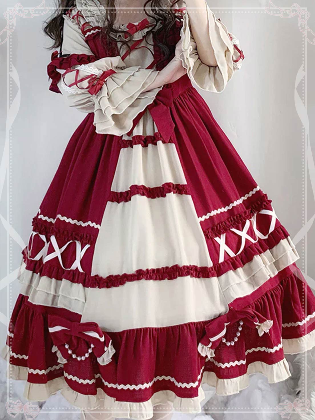 Sweet Lolita Wine Red Long Sleeve Ruffle Bow Elegant OP Dress