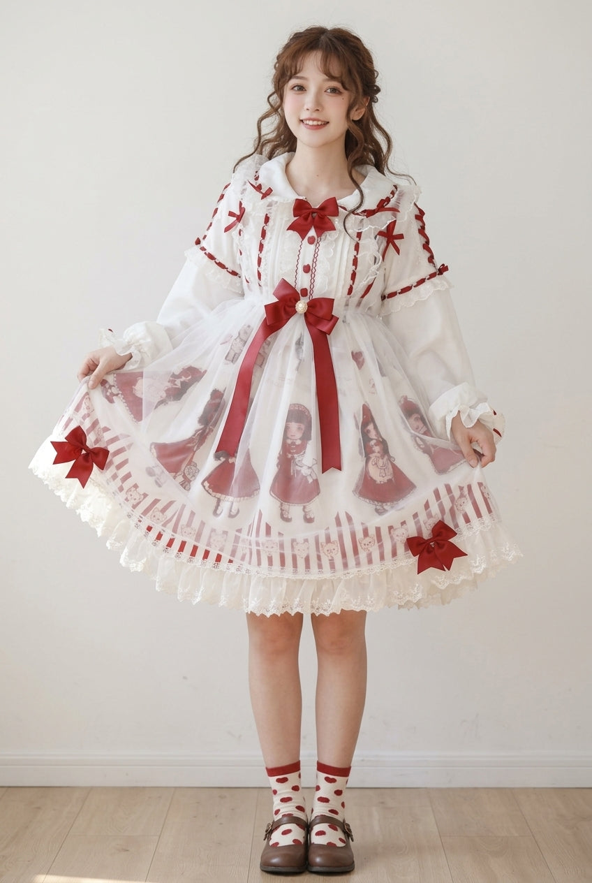 Red/White Chiffon Round Collar Ruffled Long Sleeve High Waist Princess Print Sweet Lolita Dress