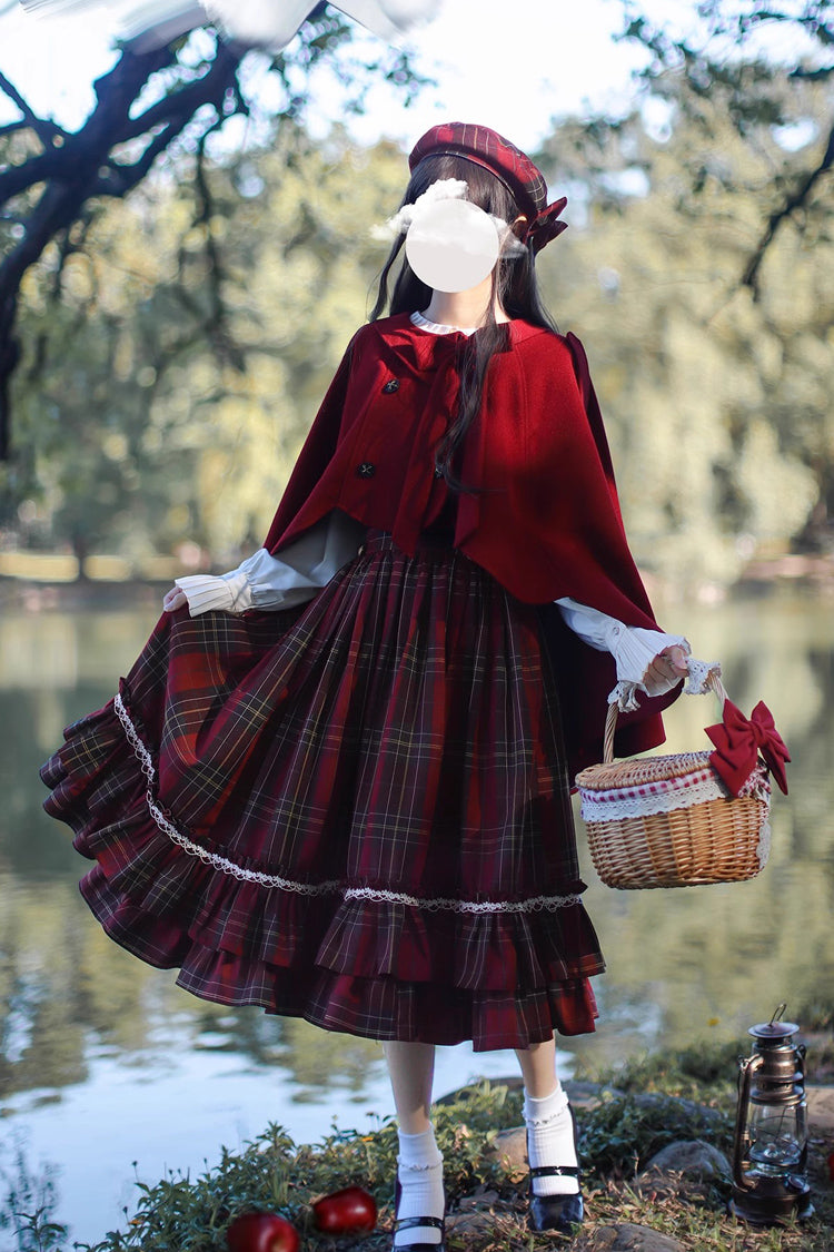 Red Little Red Riding Hood Double-Layered Plaid Print Ruffle Bowknot Sweet Vintage Lolita Jumper Dress