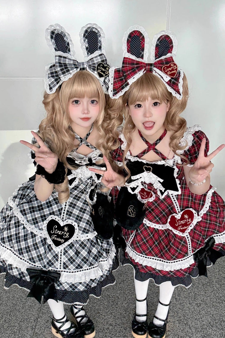 Black/White Shibuya Sweetheart Short Sleeves Plaid Print Ruffle Bowknot Sweet Lolita OP Dress (Plus Size Support)