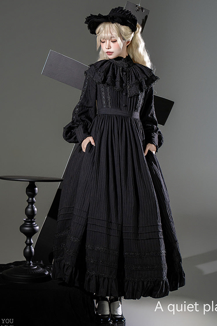 Black Quiet Place Long Sleeves Jacquard Ruffle Embroidery Bowknot Gothic Lolita Dress